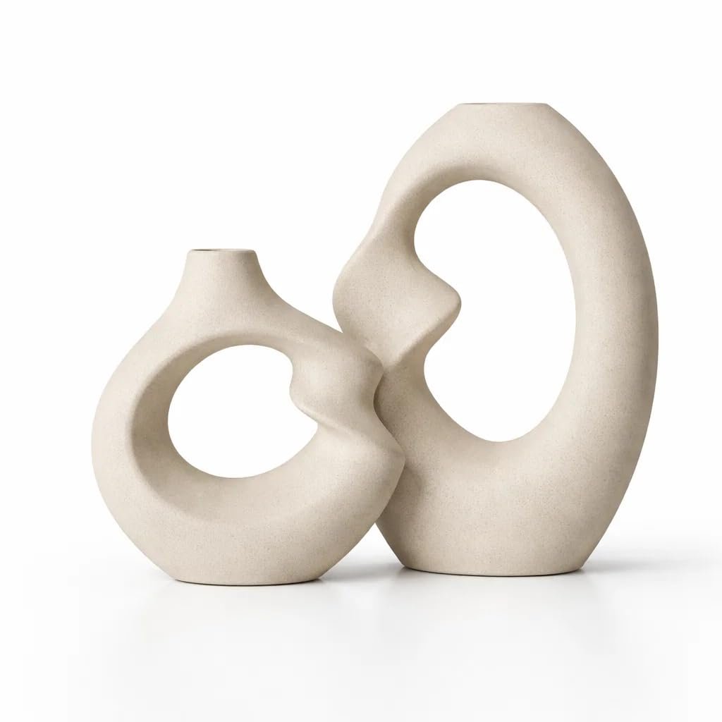 SPHINX Ceramic Vase – Asymmetric Donut Vase Set Hollow Design (8.5 and 6 Inch) | Modern Decorative Flower Pot for Pampas Grass, Dried Flowers, Home, Living Room & Office Decor - Image 2
