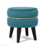 WOODWALLZ Beautiful Velvet Office Stool with Black Legs Home Decor | Upholstered Round Velvet Tufted Foot Rest Ottoman | Ottoman for Living Room & Bedroom | Decorative Home Furniture (Turquoise)