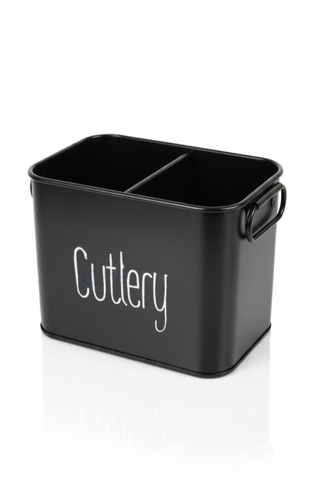 Metal Cutlery Holder for Kitchen Countertop – Large Rustic Utensil with Side Handles, Flatware Organizer for Spoons, Forks & Knives, Decorative Counter Storage Box with “Cutlery” Print (Black) - Image 2