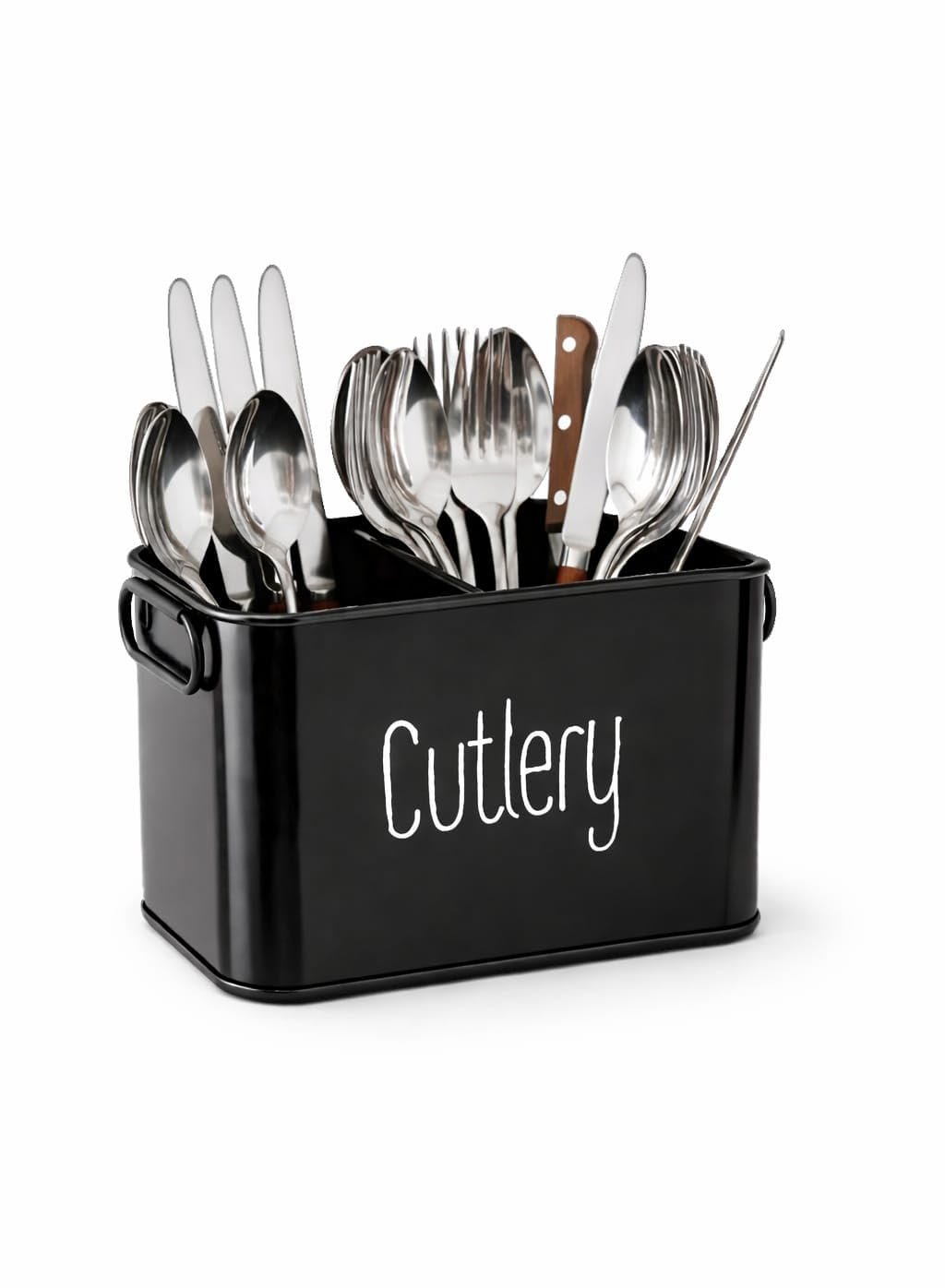 Metal Cutlery Holder for Kitchen Countertop – Large Rustic Utensil with Side Handles, Flatware Organizer for Spoons, Forks & Knives, Decorative Counter Storage Box with “Cutlery” Print (Black)