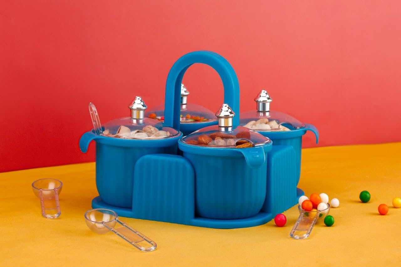 Plastic Masala Dabba Spice Box Set with 4 Containers, Transparent Lids & Spoons | Kitchen Spice,Chocolate, Mouth Freshener, Sweets, Masala, Dry Fruit, Aachar Pickle Storage Box | Turquoise Blue - Image 5