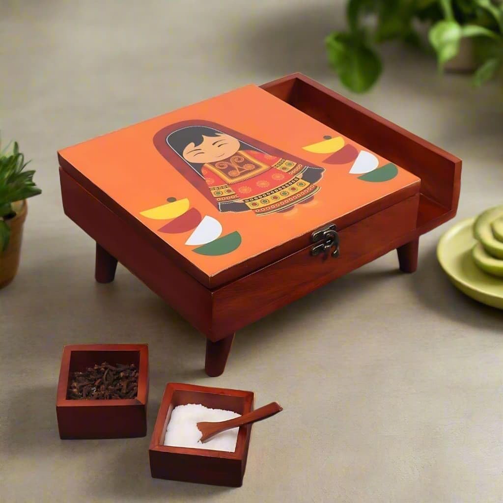 Loosebucket®Handcrafted Rani Wooden Spice Box in 9 partitions with Legs, Masala Box for Kitchen, Spice Storage Box with Printed Top for Kitchen, Masala Spices Storage Containers, 1 Pc - Orange