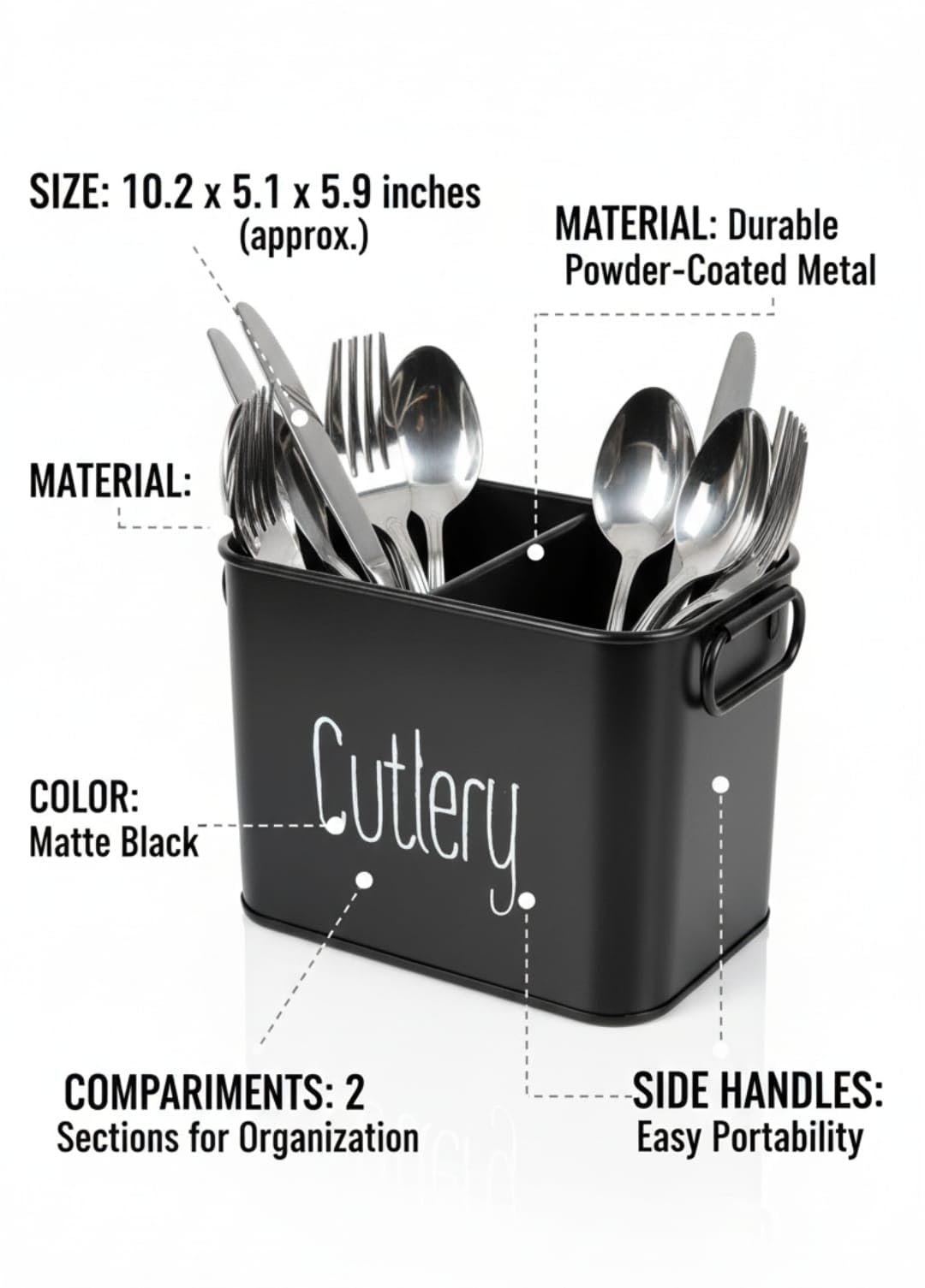 Metal Cutlery Holder for Kitchen Countertop – Large Rustic Utensil with Side Handles, Flatware Organizer for Spoons, Forks & Knives, Decorative Counter Storage Box with “Cutlery” Print (Black) - Image 3