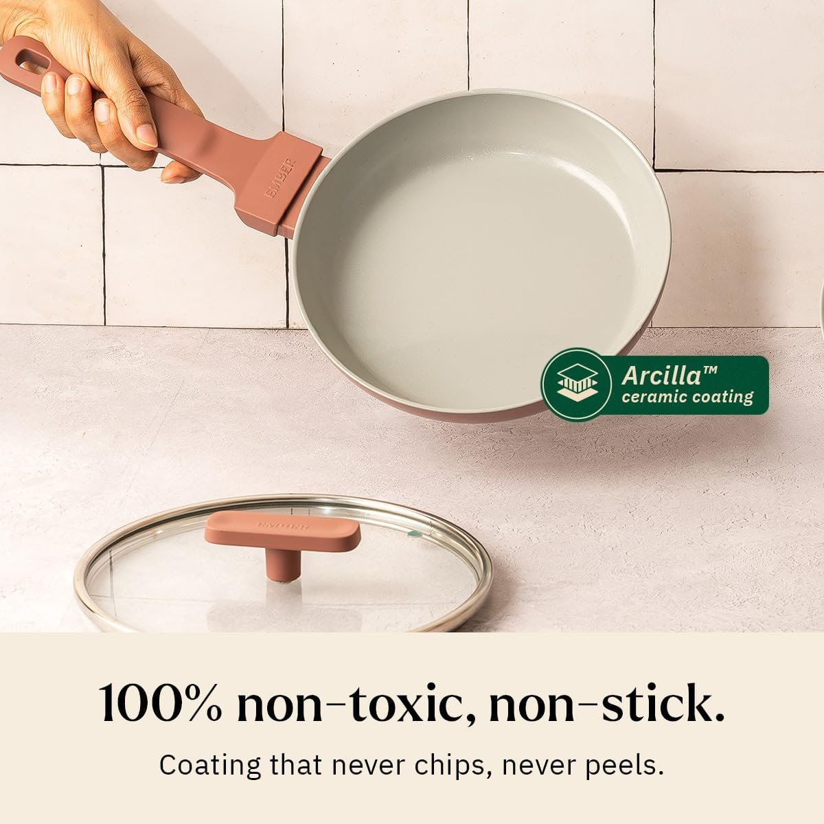 Ember Cookware Arcilla Ceramic Egg & Omelette Pan 20 cm with Glass Lid | 5-Year Warranty | 75% Less Oil Usage | Lightweight, Non-Toxic Non-Stick Ceramic Frypan|Gas Compatible| ISI Certified|Terracotta - Image 3