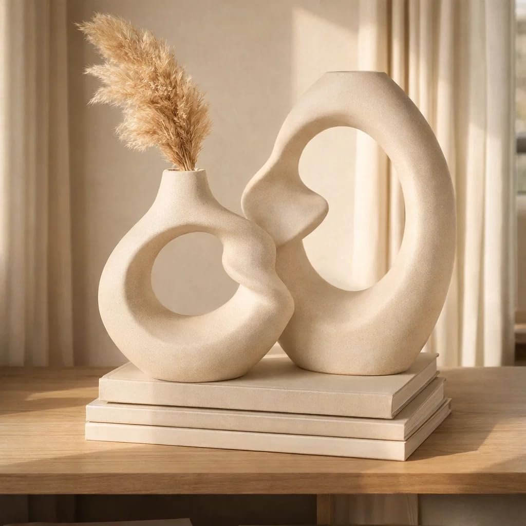 SPHINX Ceramic Vase – Asymmetric Donut Vase Set Hollow Design (8.5 and 6 Inch) | Modern Decorative Flower Pot for Pampas Grass, Dried Flowers, Home, Living Room & Office Decor - Image 3