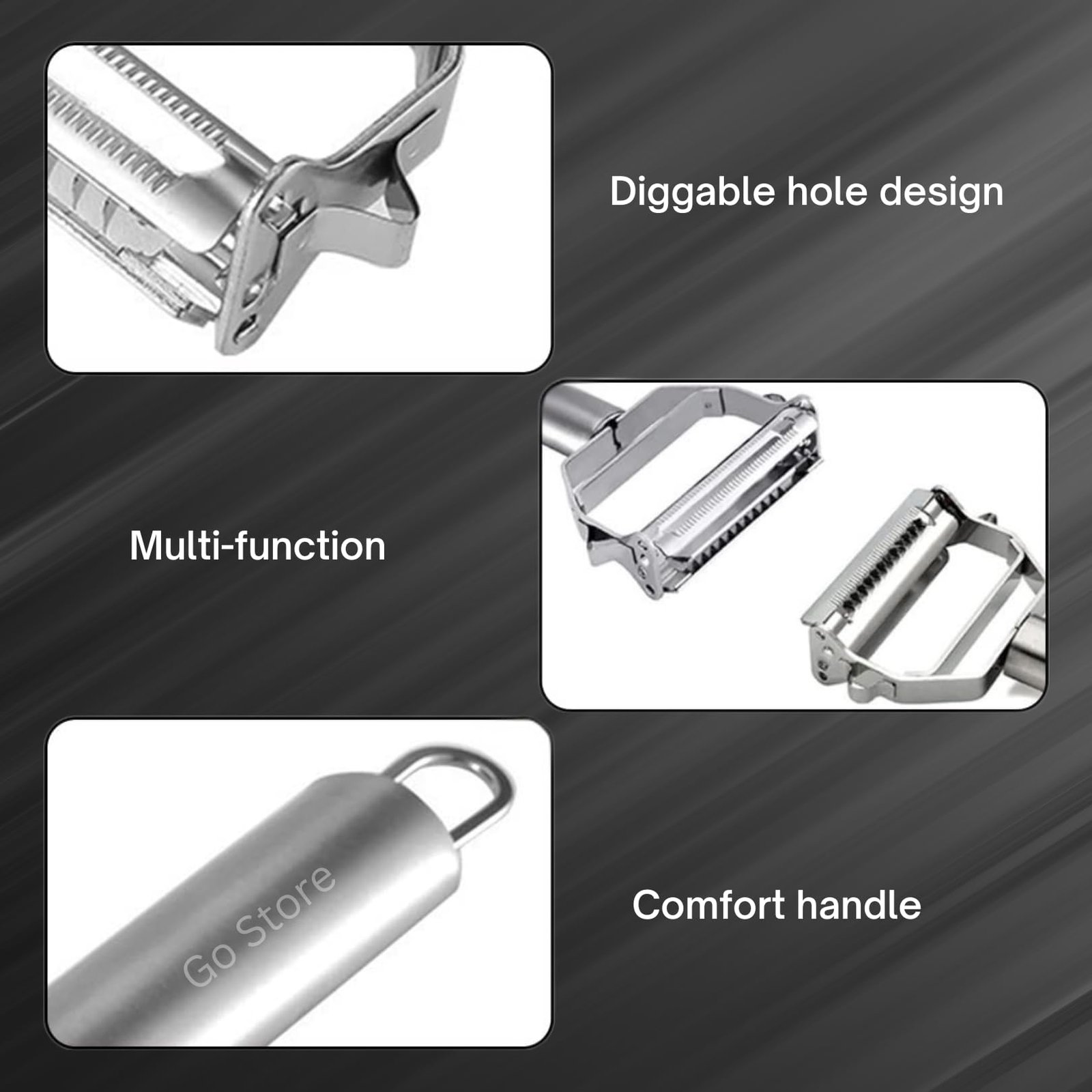 Go Store 2 in 1 Stainless Steel Julienne Vegetable Peeler Multi-Functional Fruit & Veggie Shredder Slicer and Grater for Potatoes, Carrots, Cucumbers (Silver, 18 x 8.2 x 2.3 cm) - Image 4