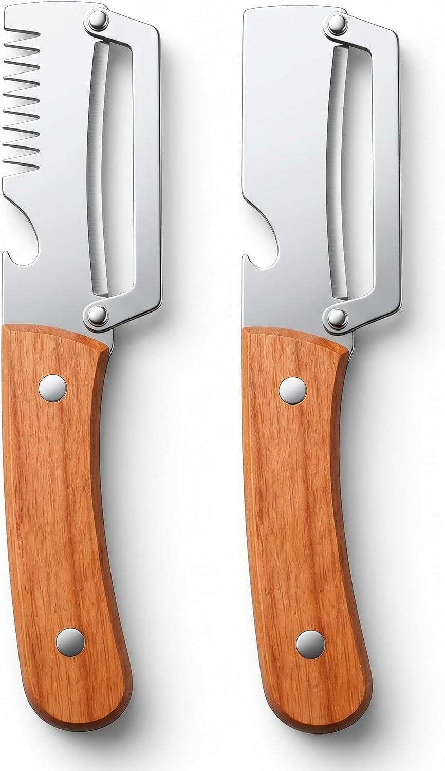 2-Piece Multifunctional Vegetable Peeler, Heavy Duty Stainless Steel Blade with Ergonomic Wooden Handle, 3-in-1 Kitchen Tool, Potato Peeler, Fruit Peeler, Scallion Shredder & Built-in Bottle Opener