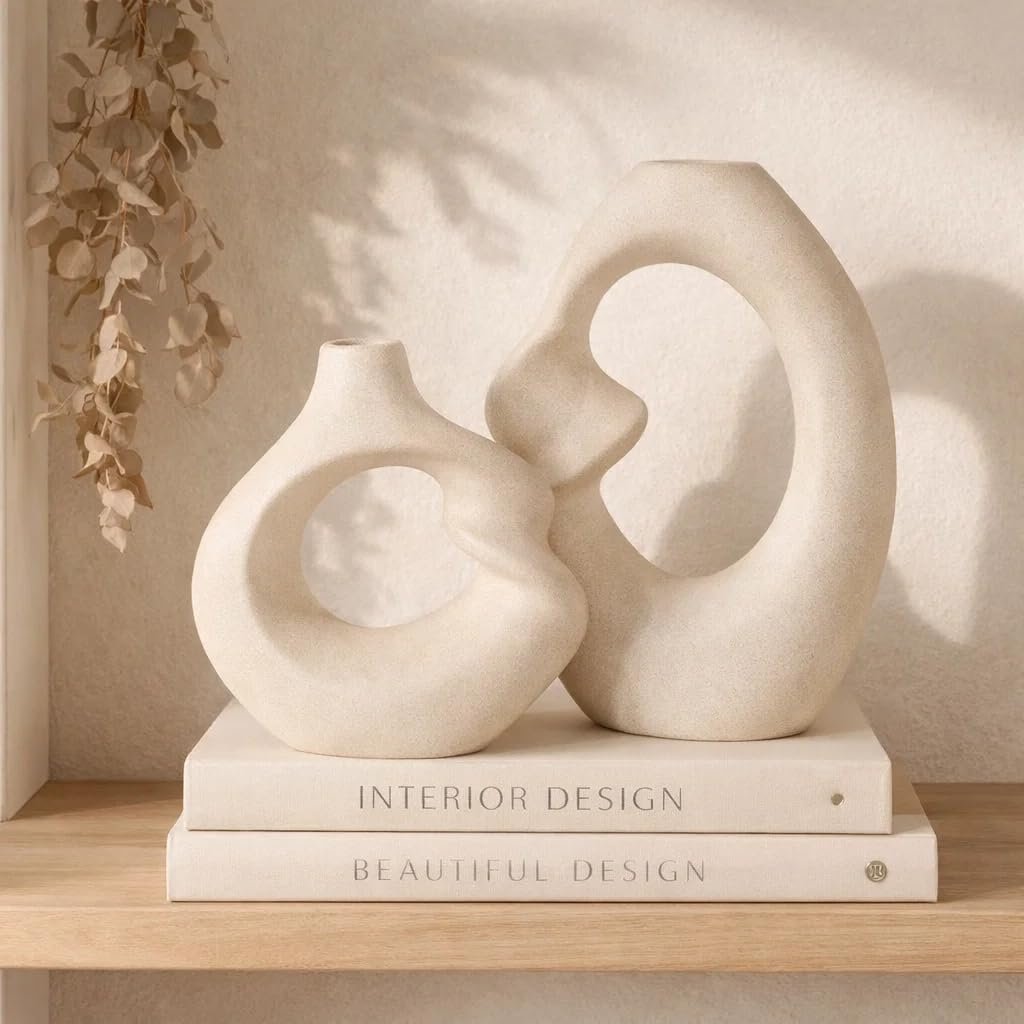 SPHINX Ceramic Vase – Asymmetric Donut Vase Set Hollow Design (8.5 and 6 Inch) | Modern Decorative Flower Pot for Pampas Grass, Dried Flowers, Home, Living Room & Office Decor - Image 4
