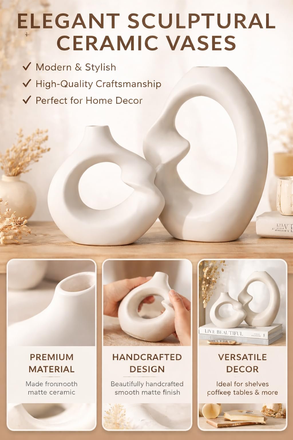 SPHINX Ceramic Vase – Asymmetric Donut Vase Set Hollow Design (8.5 and 6 Inch) | Modern Decorative Flower Pot for Pampas Grass, Dried Flowers, Home, Living Room & Office Decor - Image 5