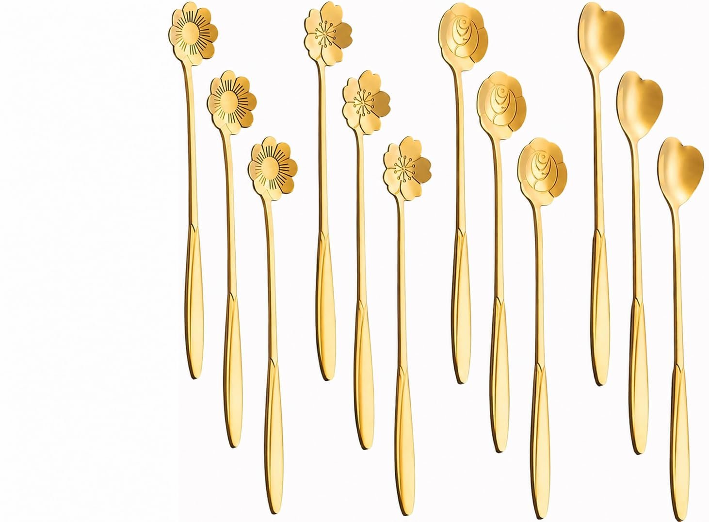 Golden Stainless Steel Coffee Spoon Set, Gold Dessert Spoons with Heart & Floral Design, Decorative Cutlery for Coffee, Tea, Ice Cream, Cake, Dessert, Kitchen Tableware & Gift Serving Set (12 Pcs)