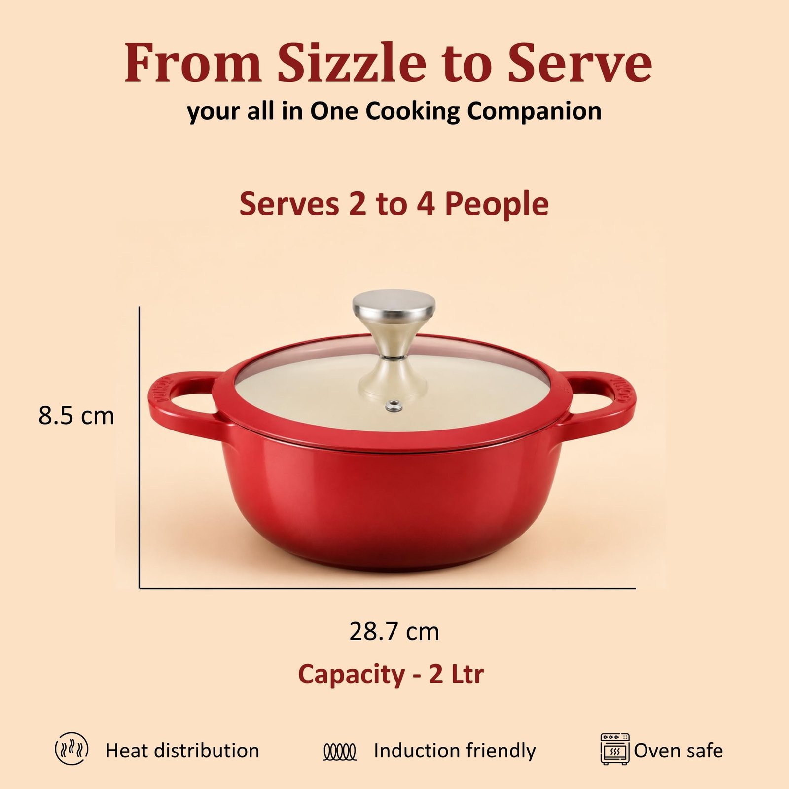 Vinod Freya Cast Iron Saucepot with Glass Lid, 20cm 2L | Enameled Casserole & Dutch Oven | TREON Technology | Iron-Rich Handi for Biryani, Mutton Curry & Pulao | Induction & Gas Compatible Cooking Pot - Image 3