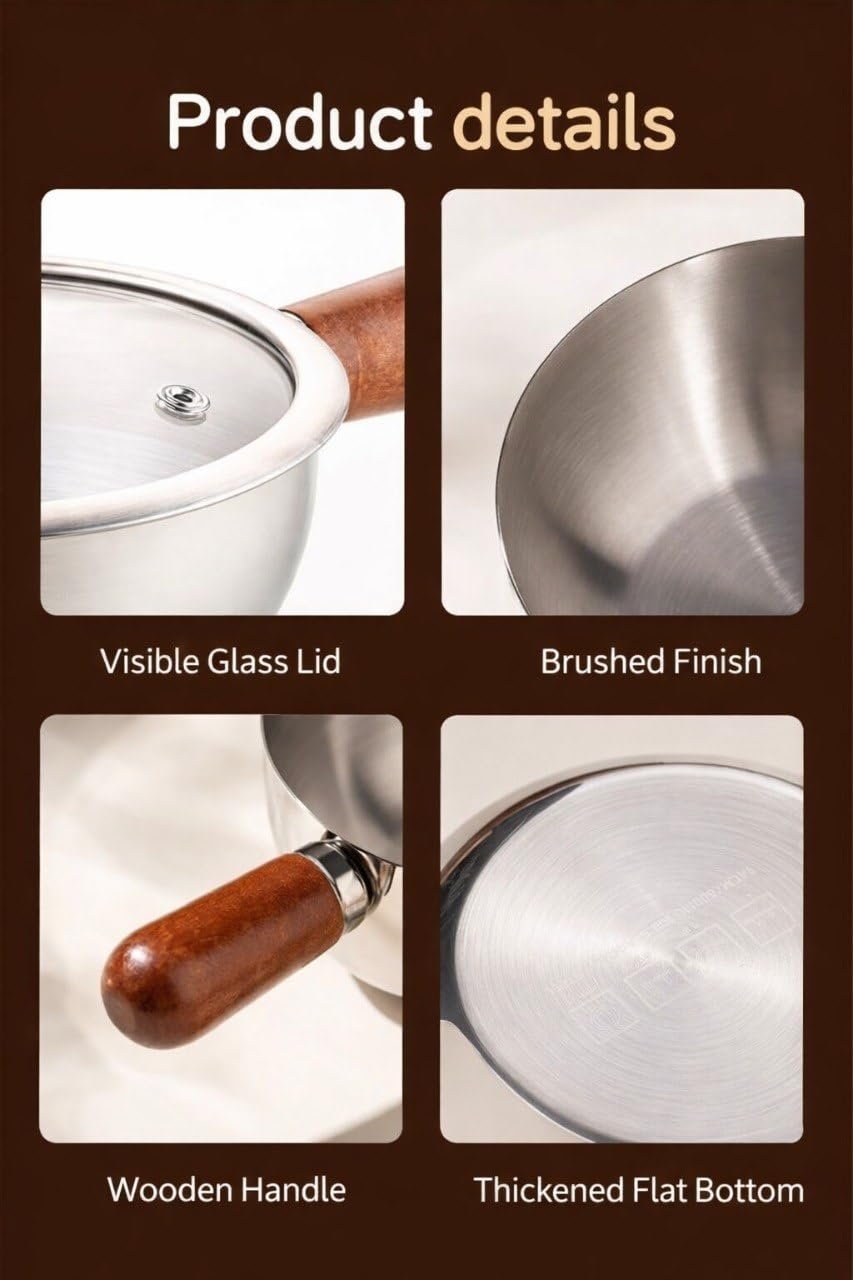Stainless Steel Pot with Glass Lid & Wooden Handle for Cooking Pot, Suitable for Kitch Mini Oil Pan Induction Base Non Stick Sauce Pan Boiling Pot for Tea Coffee Milk Water Sauce and Noodles - Image 5