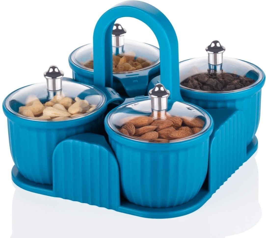 Plastic Masala Dabba Spice Box Set with 4 Containers, Transparent Lids & Spoons | Kitchen Spice,Chocolate, Mouth Freshener, Sweets, Masala, Dry Fruit, Aachar Pickle Storage Box | Turquoise Blue