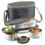 Magnus Olive 4 Dual Long Container Steel Lunch Box, 1730ml | Leakproof Airtight Tiffin Set with Insulated Case for Office, Kids & School