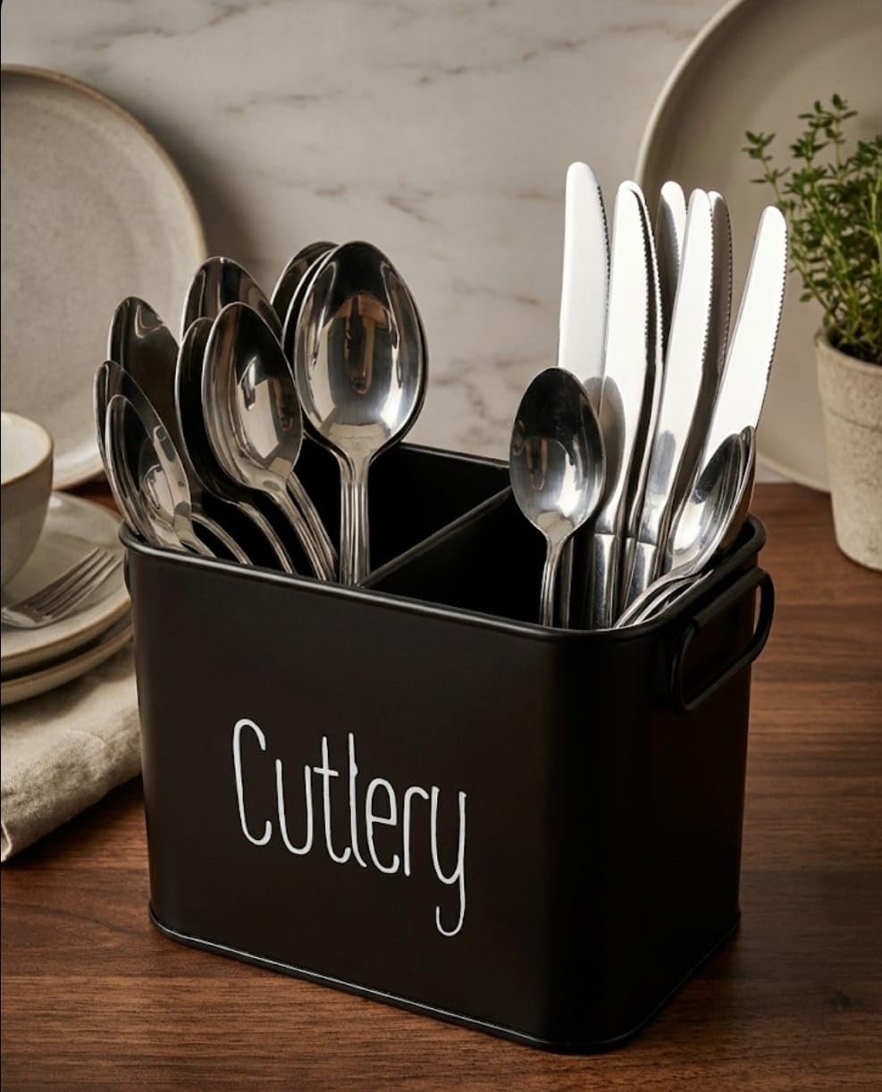 Metal Cutlery Holder for Kitchen Countertop – Large Rustic Utensil with Side Handles, Flatware Organizer for Spoons, Forks & Knives, Decorative Counter Storage Box with “Cutlery” Print (Black) - Image 4