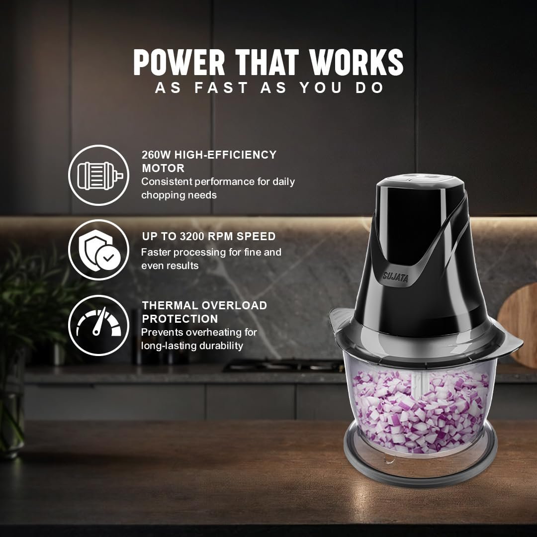 Sujata Chopcraft Electric Chopper 900ml, Vegetable Chopper for Kitchen | Dual Speed | 3200 RPM High Speed Motor | Stainless Steel Blades | Chop, Mince, Whip & Blend | Black - Image 6