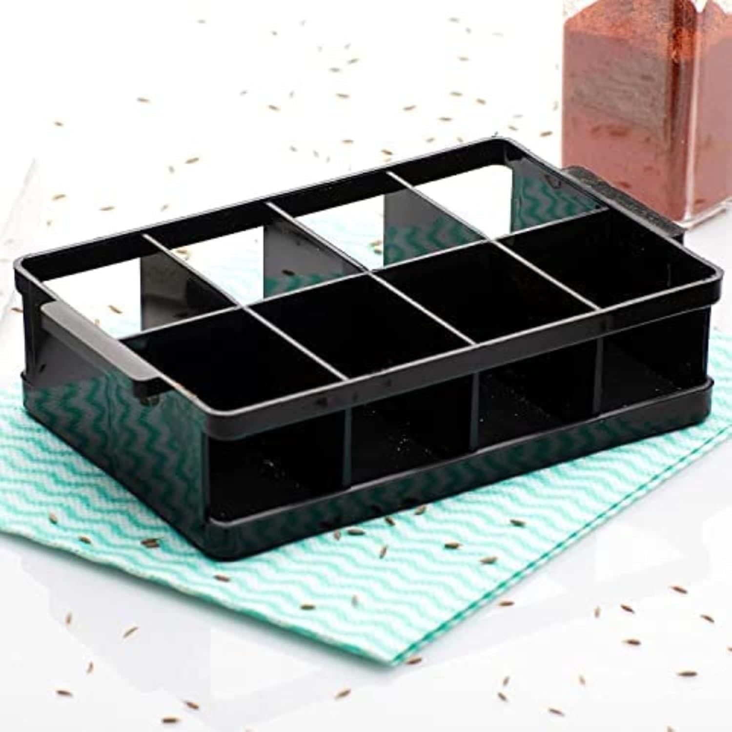 8 Pcs Airtight Masala Container Set with Tray, Black Spice Storage Jars for Kitchen, BPA-Free Food Grade Plastic Boxes, Transparent Small Organizer for Salt, Sugar, Dal & Seasonings - Image 6
