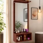 Zuicka Wall Mounted Dressing Table with Mirror Finish Storage Shelf Compact Wall Vanity Makeup Organizer for Bedroom Bathroom Entryway Space Saving Home Furniture Decor (Light Brown)