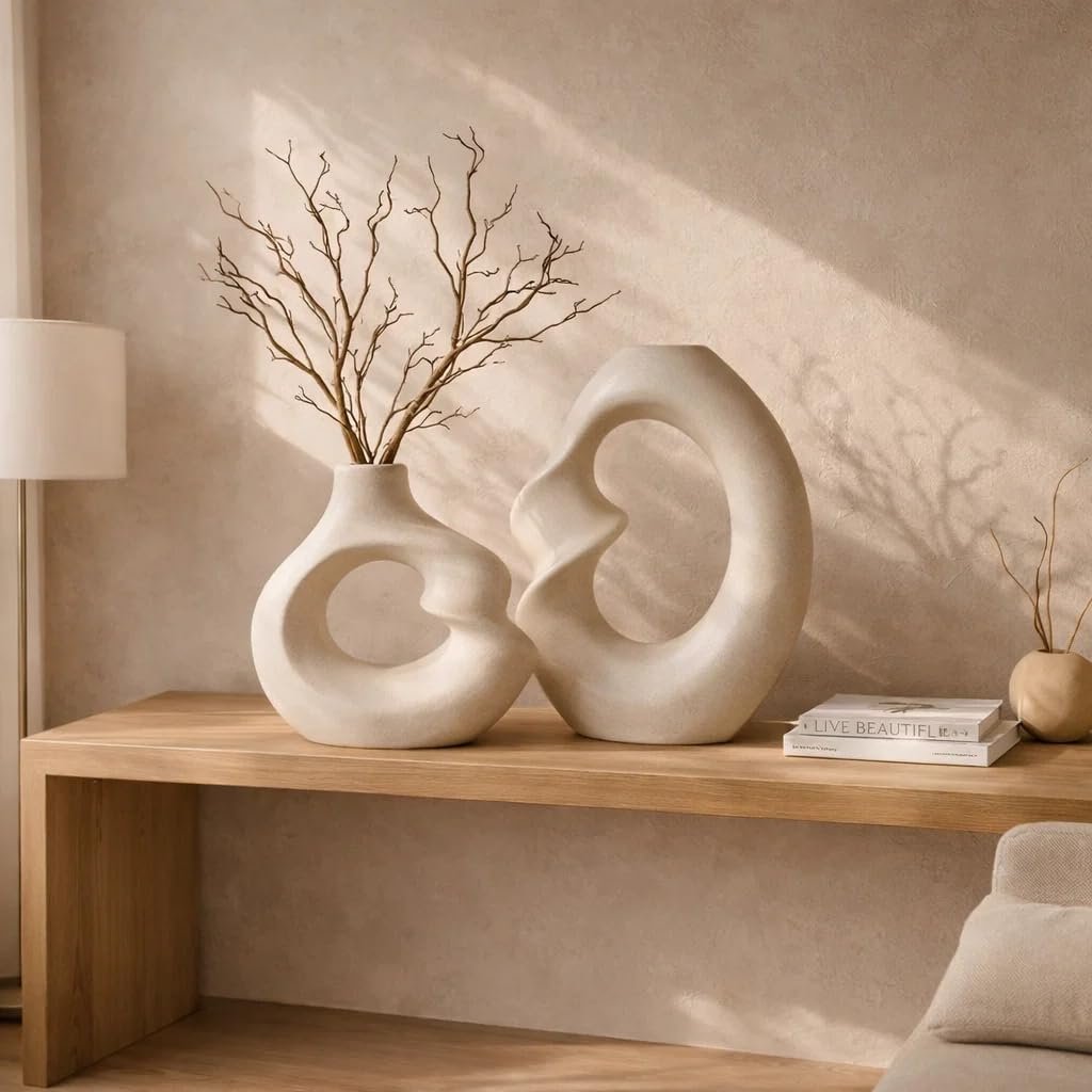 SPHINX Ceramic Vase – Asymmetric Donut Vase Set Hollow Design (8.5 and 6 Inch) | Modern Decorative Flower Pot for Pampas Grass, Dried Flowers, Home, Living Room & Office Decor - Image 6