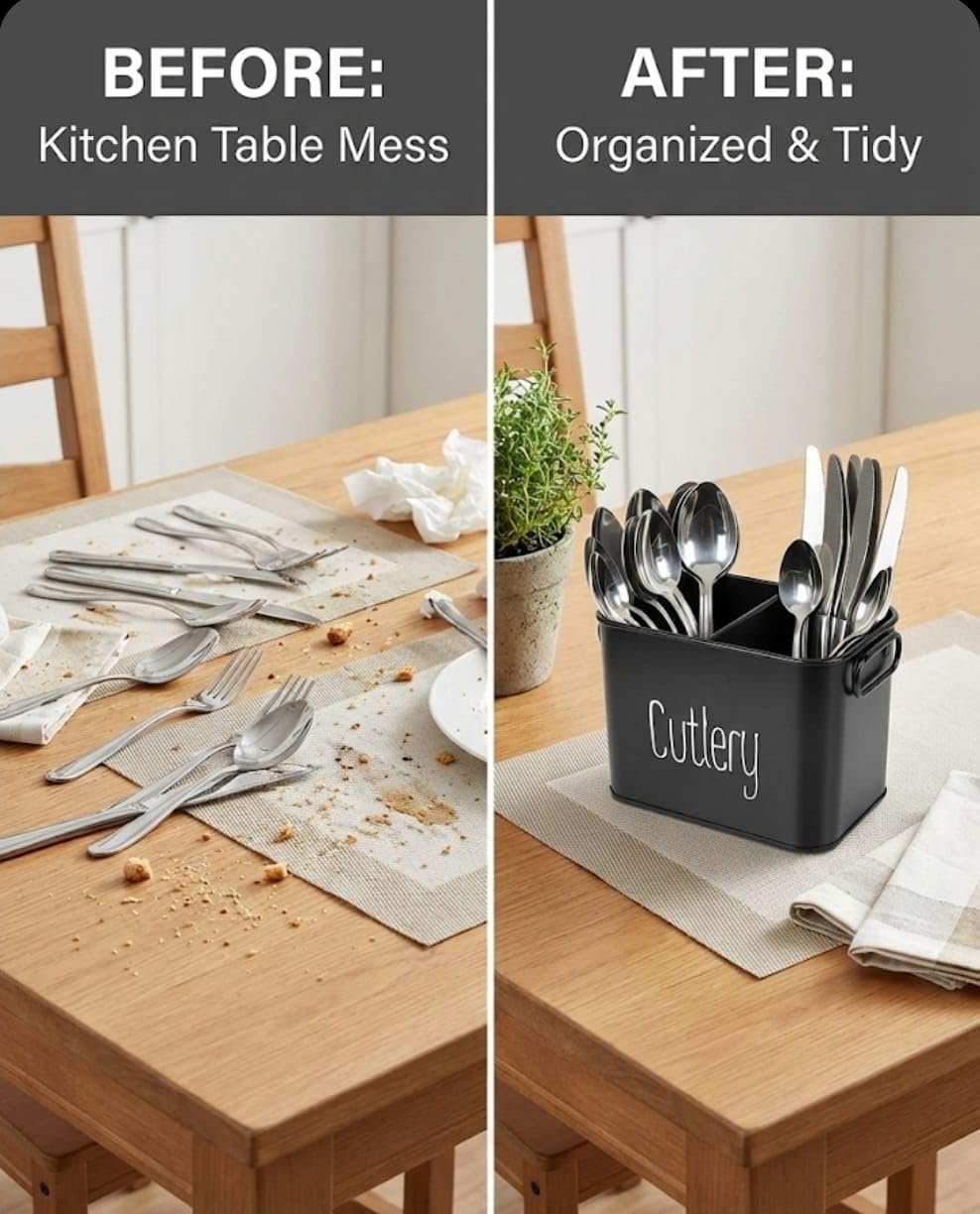 Metal Cutlery Holder for Kitchen Countertop – Large Rustic Utensil with Side Handles, Flatware Organizer for Spoons, Forks & Knives, Decorative Counter Storage Box with “Cutlery” Print (Black) - Image 6