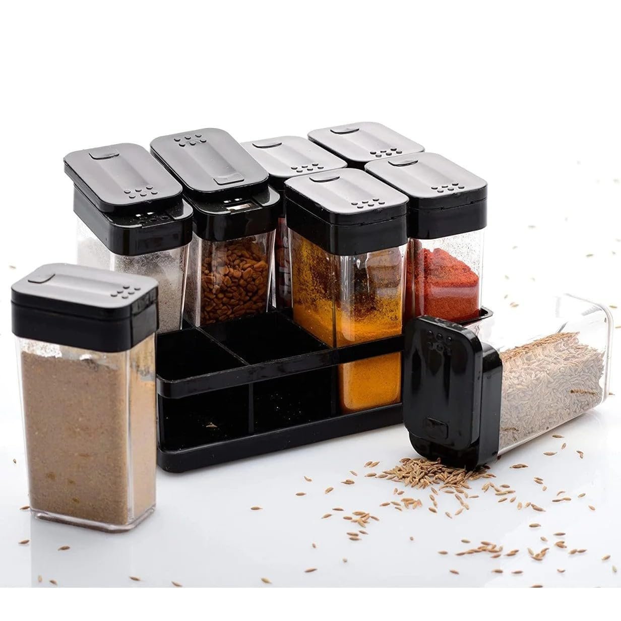 8 Pcs Airtight Masala Container Set with Tray, Black Spice Storage Jars for Kitchen, BPA-Free Food Grade Plastic Boxes, Transparent Small Organizer for Salt, Sugar, Dal & Seasonings - Image 2
