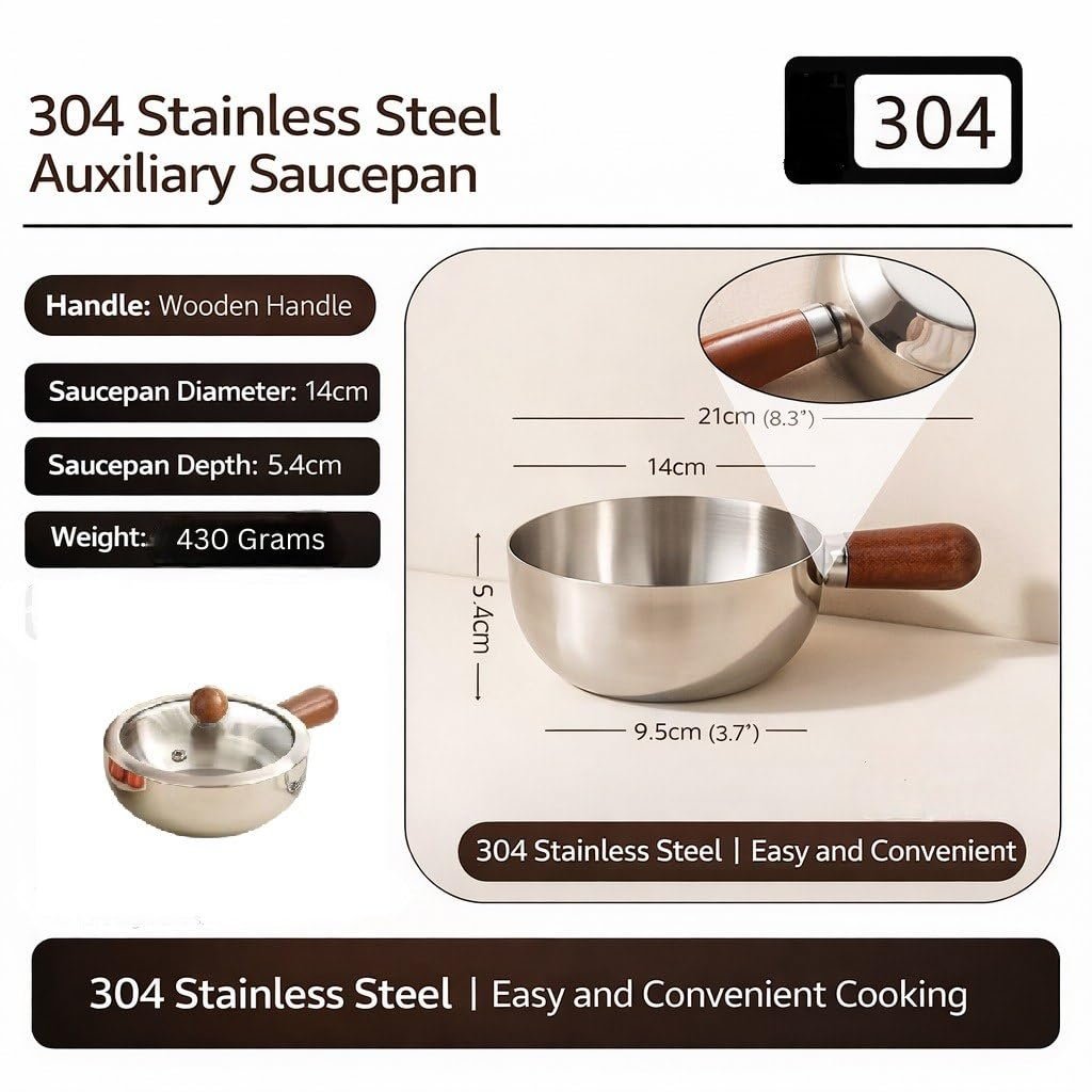 Stainless Steel Pot with Glass Lid & Wooden Handle for Cooking Pot, Suitable for Kitch Mini Oil Pan Induction Base Non Stick Sauce Pan Boiling Pot for Tea Coffee Milk Water Sauce and Noodles - Image 2