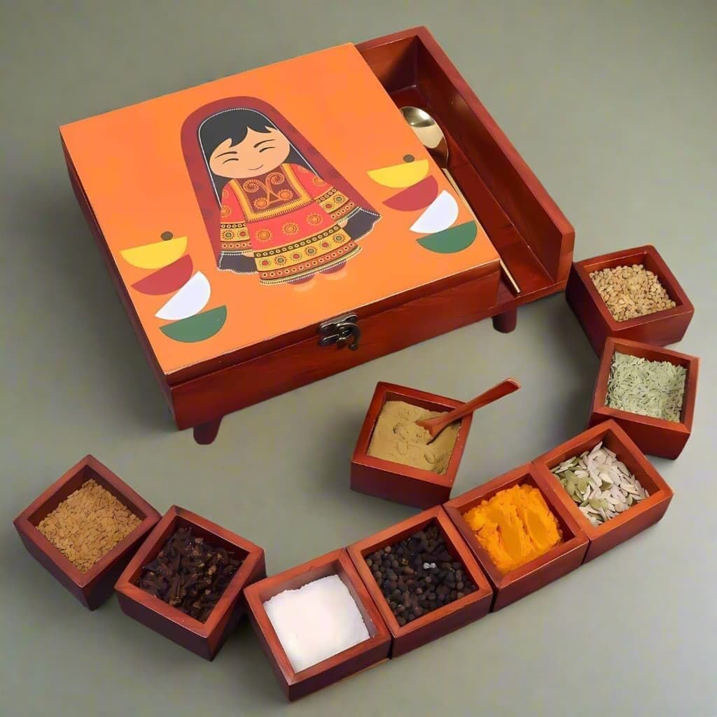 Loosebucket®Handcrafted Rani Wooden Spice Box in 9 partitions with Legs, Masala Box for Kitchen, Spice Storage Box with Printed Top for Kitchen, Masala Spices Storage Containers, 1 Pc - Orange - Image 2
