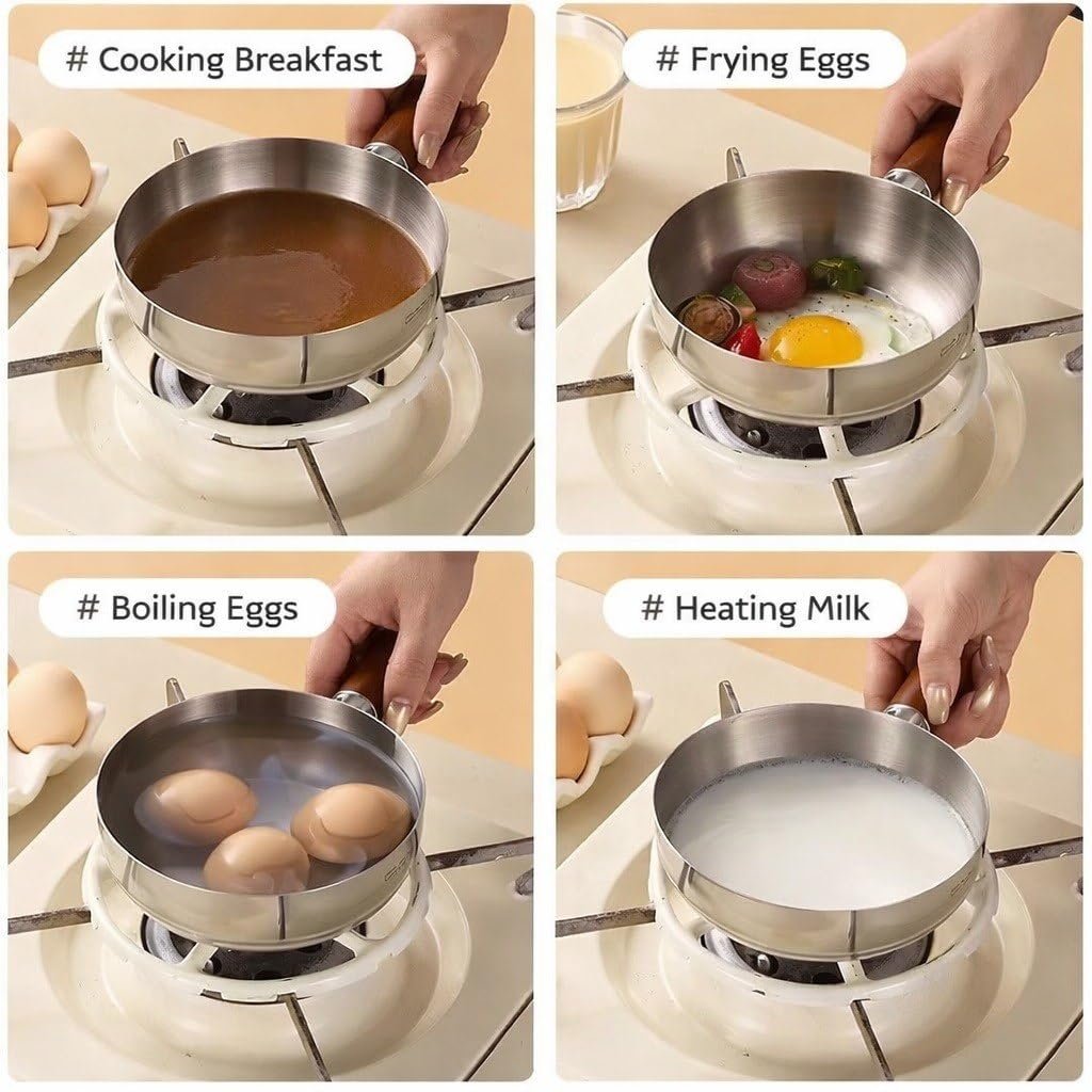 Stainless Steel Pot with Glass Lid & Wooden Handle for Cooking Pot, Suitable for Kitch Mini Oil Pan Induction Base Non Stick Sauce Pan Boiling Pot for Tea Coffee Milk Water Sauce and Noodles - Image 3