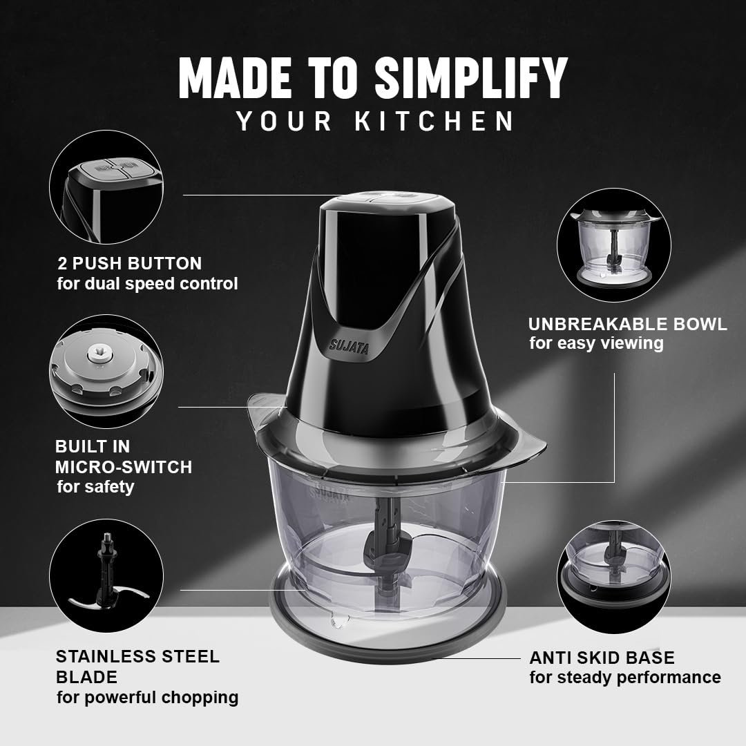 Sujata Chopcraft Electric Chopper 900ml, Vegetable Chopper for Kitchen | Dual Speed | 3200 RPM High Speed Motor | Stainless Steel Blades | Chop, Mince, Whip & Blend | Black - Image 5