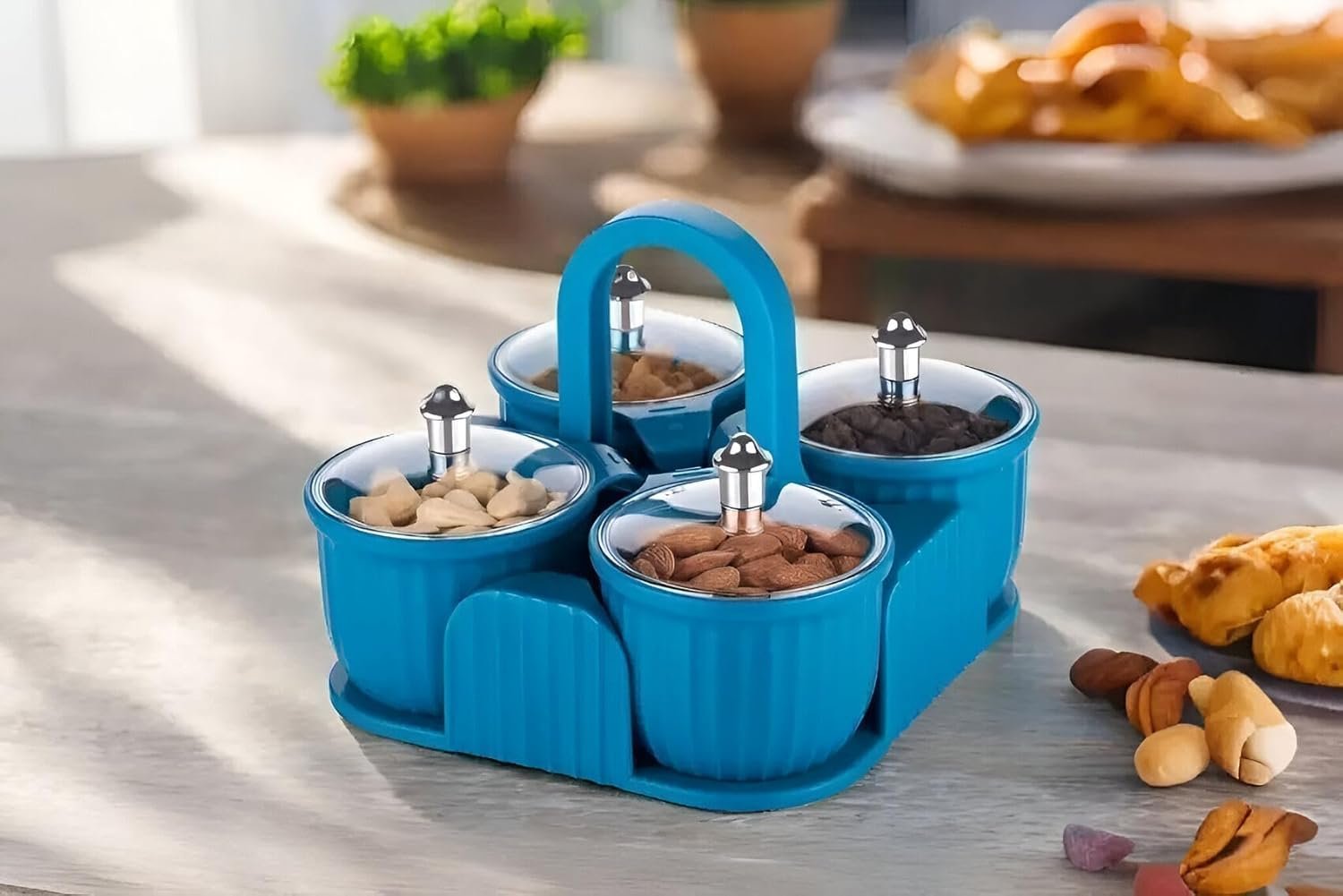 Plastic Masala Dabba Spice Box Set with 4 Containers, Transparent Lids & Spoons | Kitchen Spice,Chocolate, Mouth Freshener, Sweets, Masala, Dry Fruit, Aachar Pickle Storage Box | Turquoise Blue - Image 2