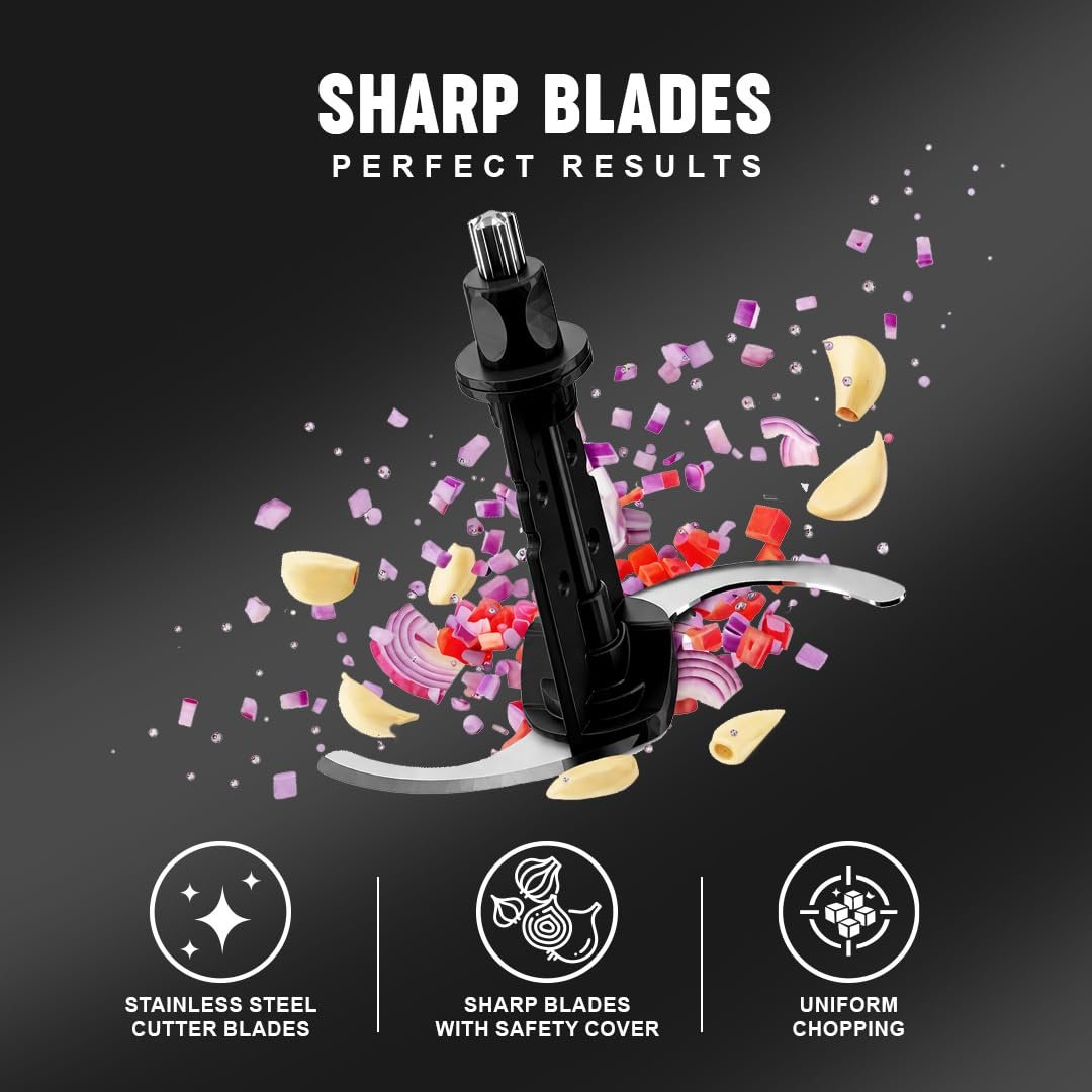 Sujata Chopcraft Electric Chopper 900ml, Vegetable Chopper for Kitchen | Dual Speed | 3200 RPM High Speed Motor | Stainless Steel Blades | Chop, Mince, Whip & Blend | Black - Image 7