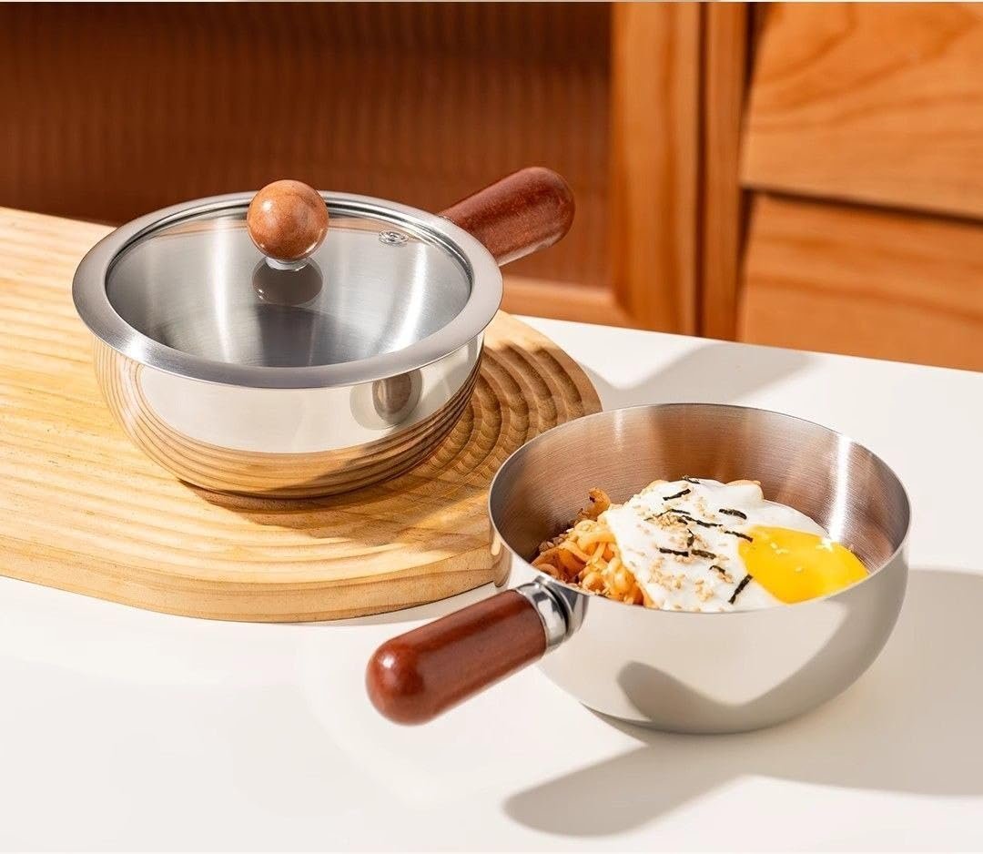 Stainless Steel Pot with Glass Lid & Wooden Handle for Cooking Pot, Suitable for Kitch Mini Oil Pan Induction Base Non Stick Sauce Pan Boiling Pot for Tea Coffee Milk Water Sauce and Noodles - Image 7