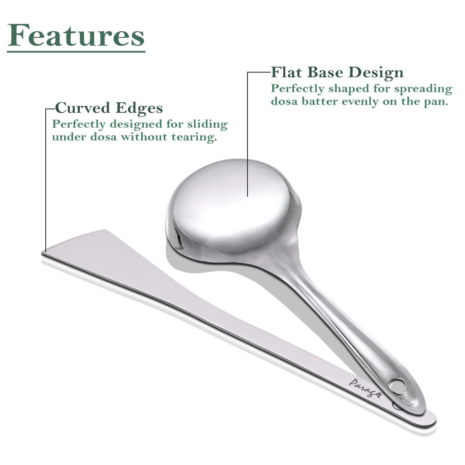 Parage 2 Pieces Stainless Steel Dosa Ladle & Turner/Palta Heavy Gauge | Dosa Making Spoon with Flat Base and Spatula | Kitchen Tools for Cooking (Size-20.5cm, 31.5cm, Silver) - Image 8