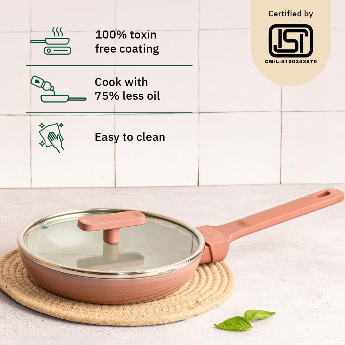Ember Cookware Arcilla Ceramic Egg & Omelette Pan 20 cm with Glass Lid | 5-Year Warranty | 75% Less Oil Usage | Lightweight, Non-Toxic Non-Stick Ceramic Frypan|Gas Compatible| ISI Certified|Terracotta - Image 2