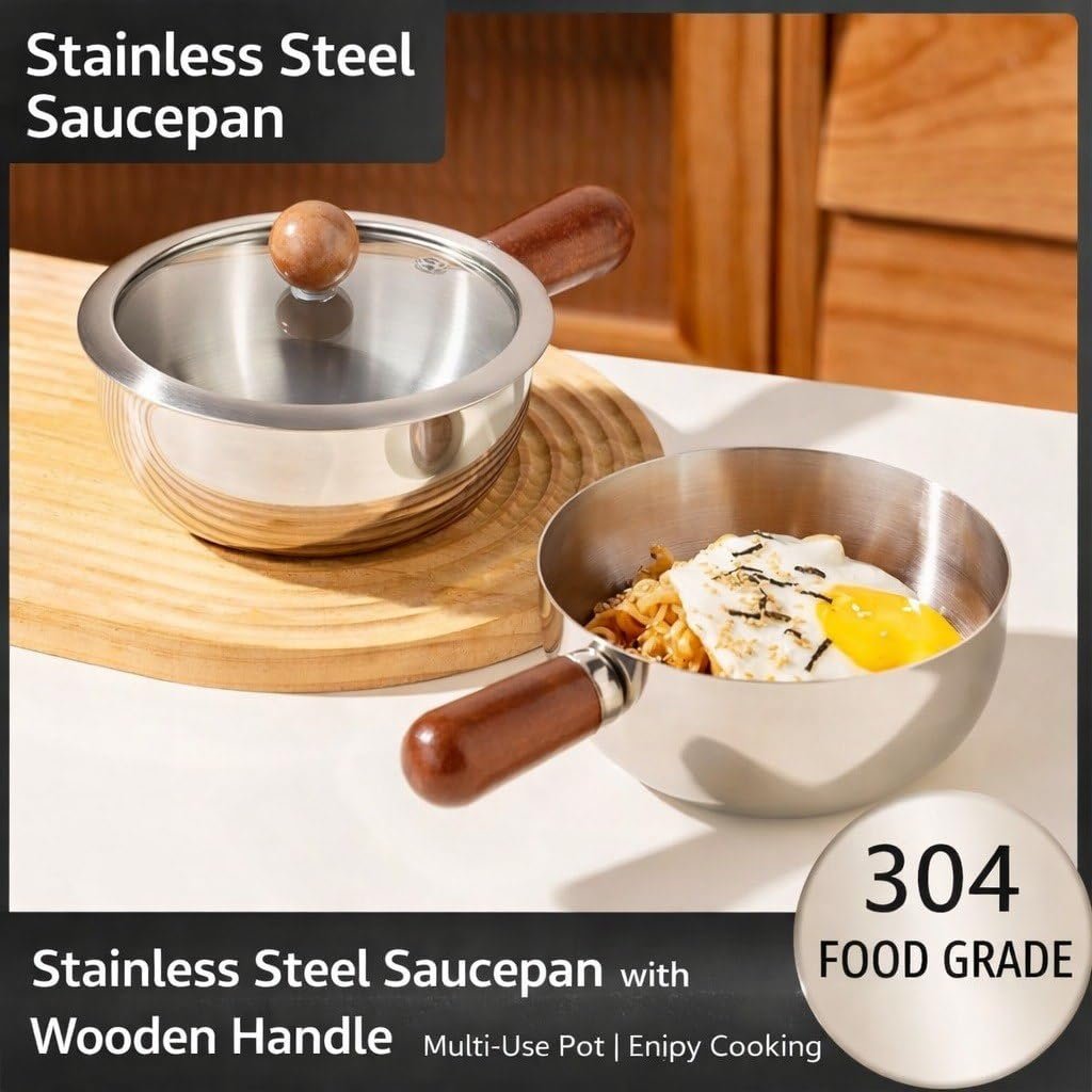 Stainless Steel Pot with Glass Lid & Wooden Handle for Cooking Pot, Suitable for Kitch Mini Oil Pan Induction Base Non Stick Sauce Pan Boiling Pot for Tea Coffee Milk Water Sauce and Noodles - Image 6