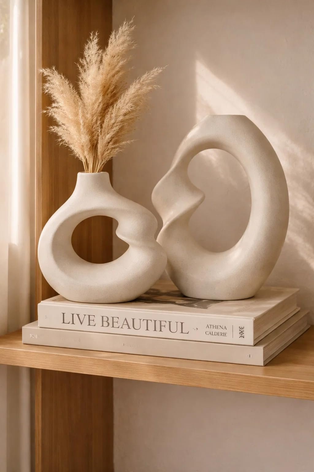 SPHINX Ceramic Vase – Asymmetric Donut Vase Set Hollow Design (8.5 and 6 Inch) | Modern Decorative Flower Pot for Pampas Grass, Dried Flowers, Home, Living Room & Office Decor