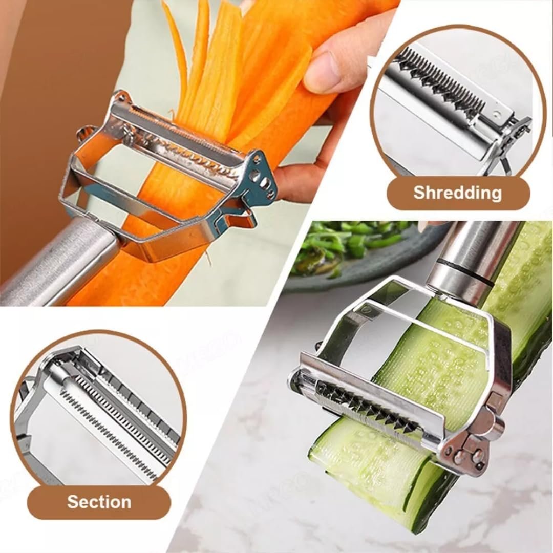 Go Store 2 in 1 Stainless Steel Julienne Vegetable Peeler Multi-Functional Fruit & Veggie Shredder Slicer and Grater for Potatoes, Carrots, Cucumbers (Silver, 18 x 8.2 x 2.3 cm) - Image 3