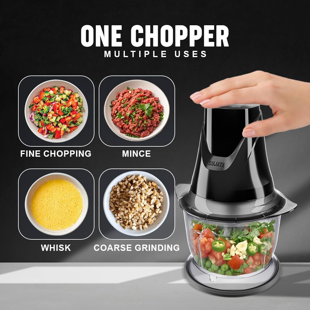 Sujata Chopcraft Electric Chopper 900ml, Vegetable Chopper for Kitchen | Dual Speed | 3200 RPM High Speed Motor | Stainless Steel Blades | Chop, Mince, Whip & Blend | Black - Image 4