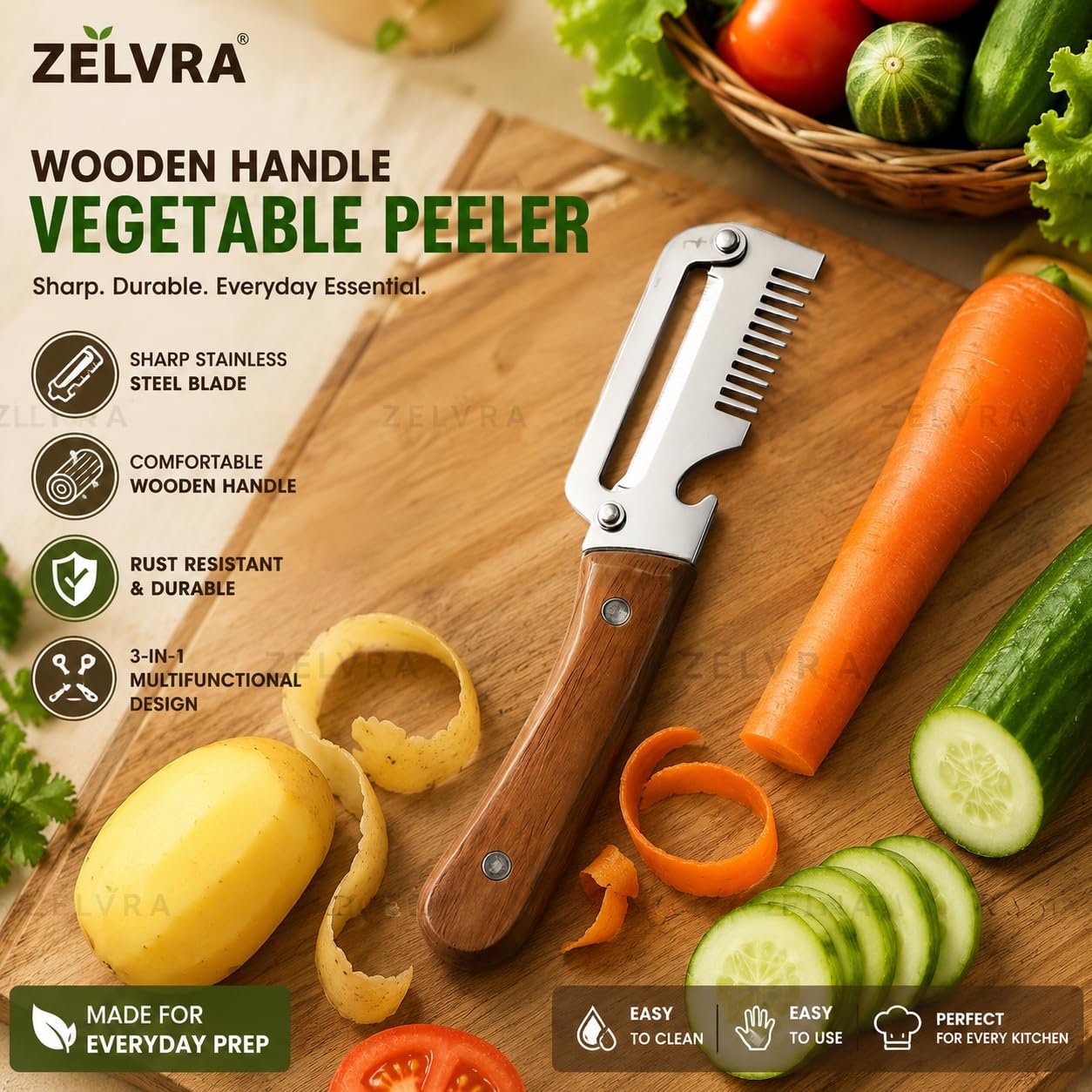 2-Piece Multifunctional Vegetable Peeler, Heavy Duty Stainless Steel Blade with Ergonomic Wooden Handle, 3-in-1 Kitchen Tool, Potato Peeler, Fruit Peeler, Scallion Shredder & Built-in Bottle Opener - Image 2