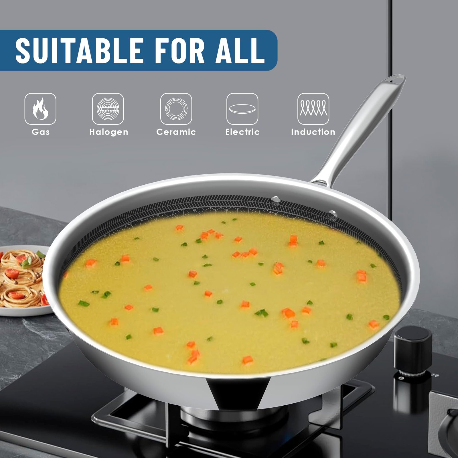 Esspy who understand excellence Hy-Tech Triply Frying Pan | 26 cm/2.3 L | Honeycomb Pattern Fry Pan | Gas & Induction Compatible | Non Stick | Metal Spoon Friendly | Stainless Steel Pan - Image 6