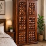 SAHABARI ARTS Solid Sheesham 2 Door Wooden Diamond Cut Almirah Wardrobes for Livingroom Bedroom & Hollway | Cupboard Bookshelf Handcrafted Storage Cabinet for Home Decor | Honey Finish