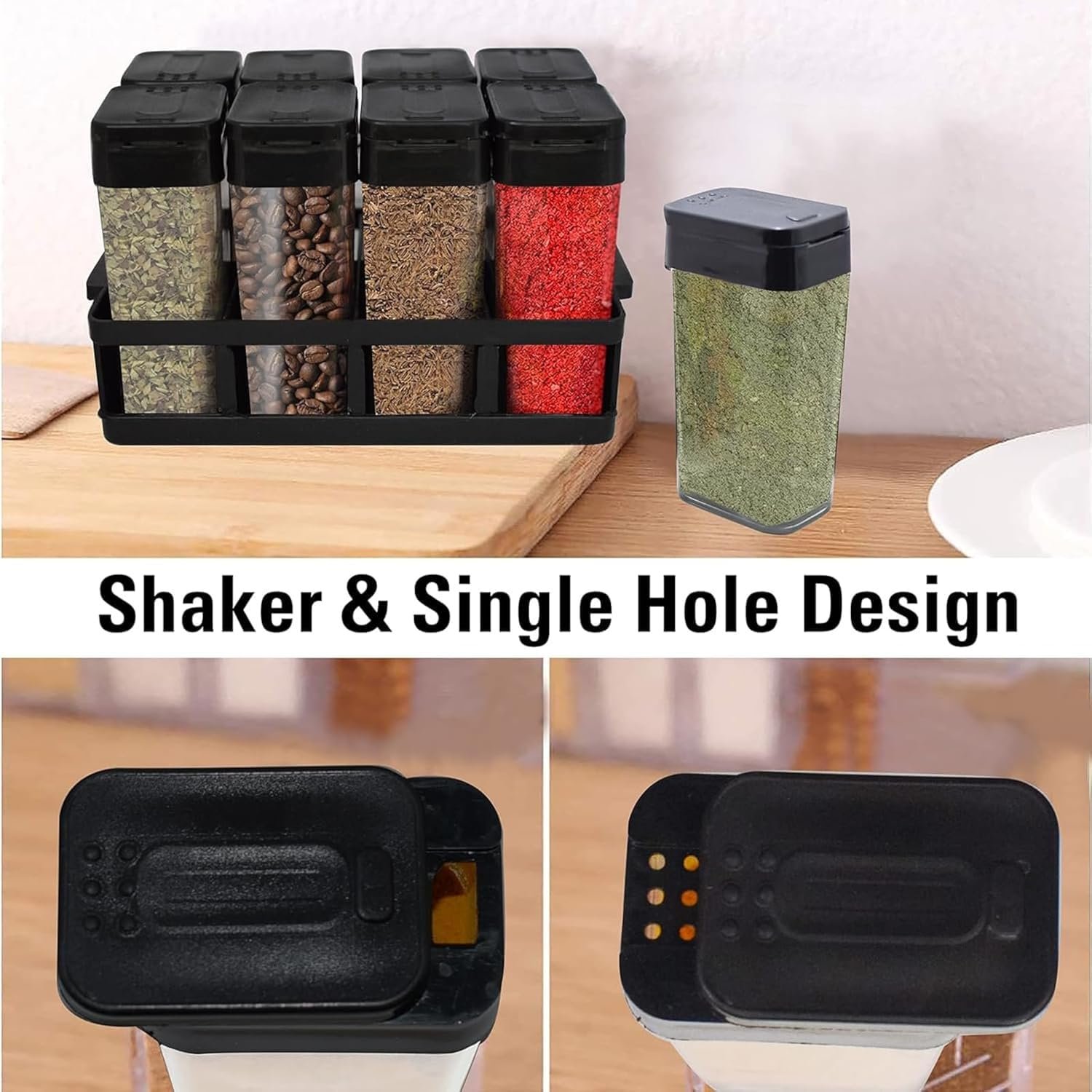 8 Pcs Airtight Masala Container Set with Tray, Black Spice Storage Jars for Kitchen, BPA-Free Food Grade Plastic Boxes, Transparent Small Organizer for Salt, Sugar, Dal & Seasonings - Image 7