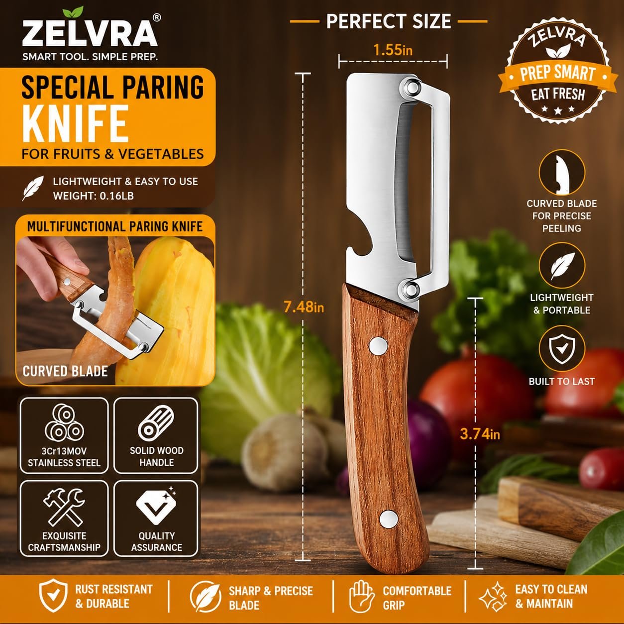 2-Piece Multifunctional Vegetable Peeler, Heavy Duty Stainless Steel Blade with Ergonomic Wooden Handle, 3-in-1 Kitchen Tool, Potato Peeler, Fruit Peeler, Scallion Shredder & Built-in Bottle Opener - Image 9