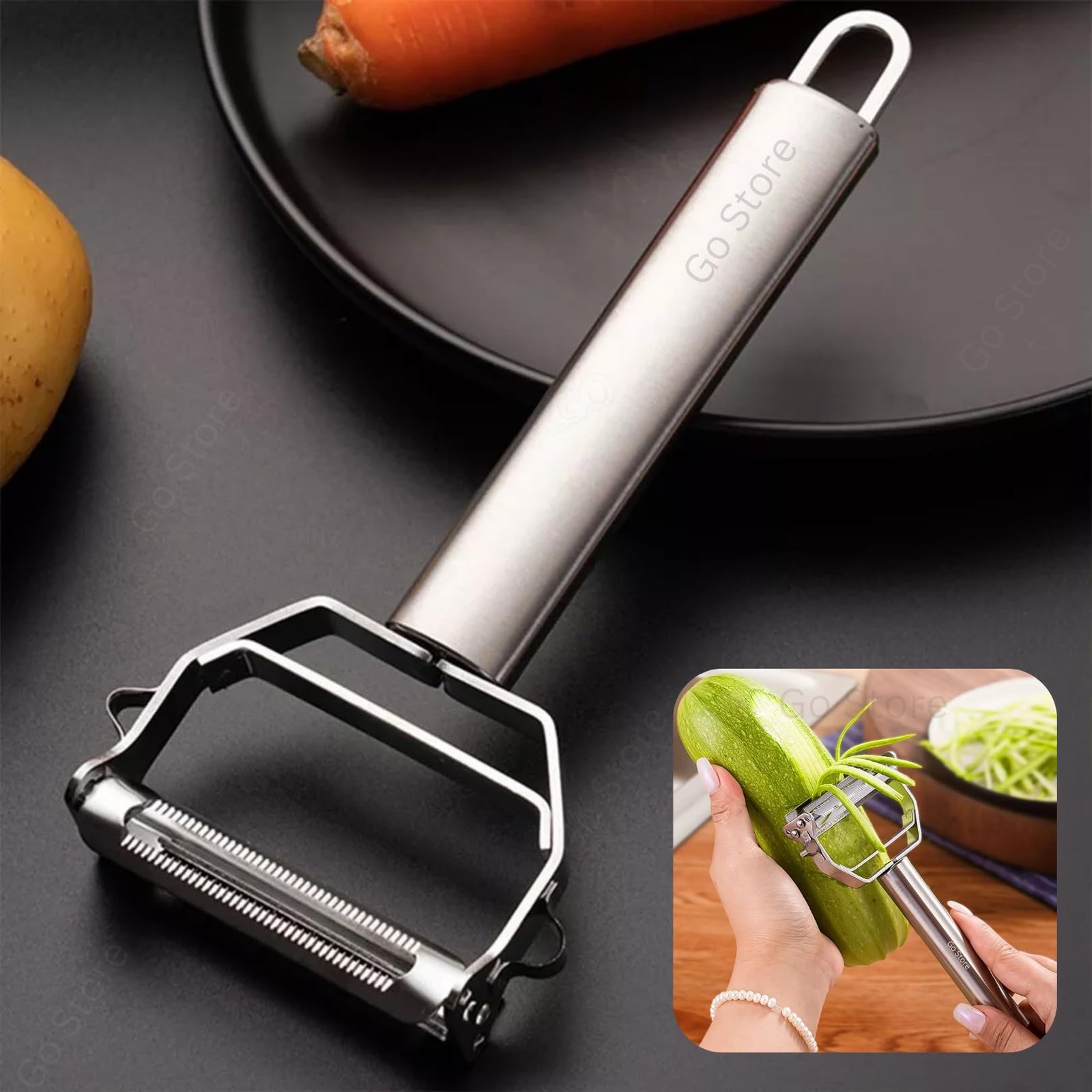 Go Store 2 in 1 Stainless Steel Julienne Vegetable Peeler Multi-Functional Fruit & Veggie Shredder Slicer and Grater for Potatoes, Carrots, Cucumbers (Silver, 18 x 8.2 x 2.3 cm)