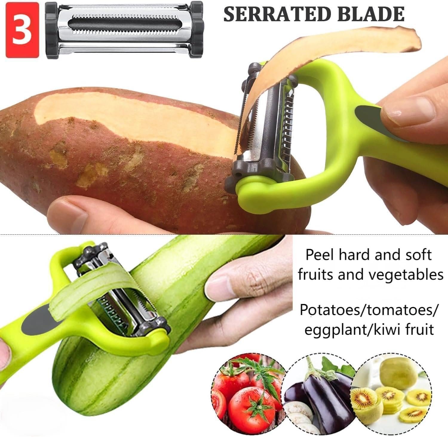 RYBTB Xfilm 3-in-1 Rotary Multifunctional Vegetable and Fruit Peeler with Stainless Steel Blades | Smart Kitchen Slicer & Julienne Cutter with Non-Slip Grip - Image 4