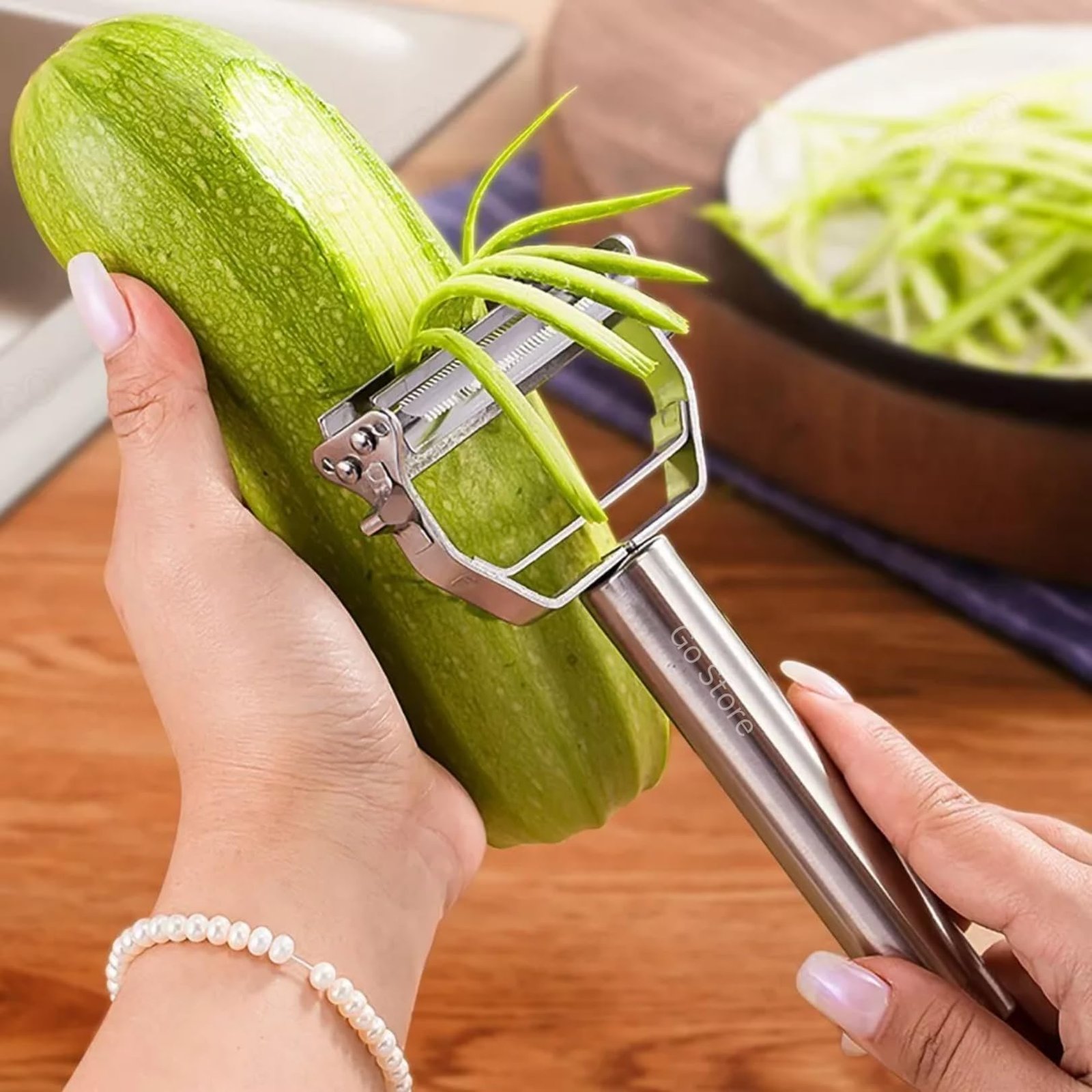 Go Store 2 in 1 Stainless Steel Julienne Vegetable Peeler Multi-Functional Fruit & Veggie Shredder Slicer and Grater for Potatoes, Carrots, Cucumbers (Silver, 18 x 8.2 x 2.3 cm) - Image 7
