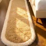 Vasrug Luxury Soft Shaggy Bedside Ovel Rug – Geometric Design | Plush High-Pile Bedroom Carpet, Pack of 1 Pic, 1.5x4 Feet, (Beige and Ivory Side boder)