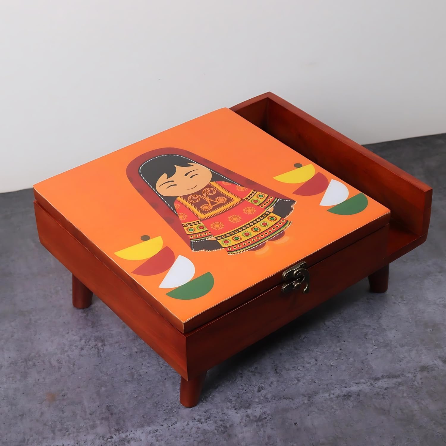 Loosebucket®Handcrafted Rani Wooden Spice Box in 9 partitions with Legs, Masala Box for Kitchen, Spice Storage Box with Printed Top for Kitchen, Masala Spices Storage Containers, 1 Pc - Orange - Image 3