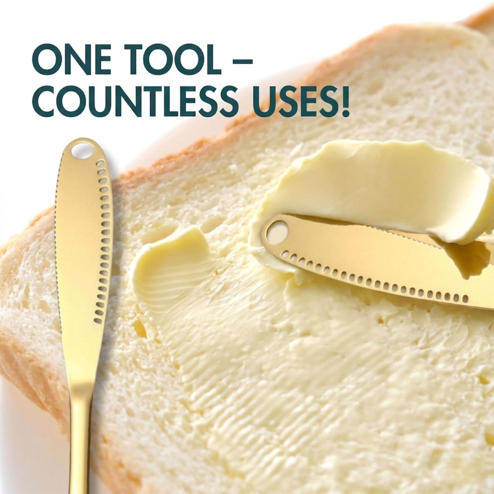 Hian Stainless Steel 3-in-1 Butter Spreader Knife with Serrated Edge and Curling Holes, Cold Butter Slicer for Bread, Toast, Cheese and Jam, Multipurpose Kitchen Spreader (Gold,Pack of 2) - Image 6