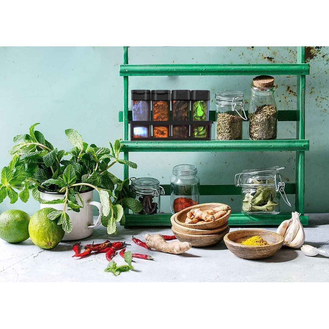 8 Pcs Airtight Masala Container Set with Tray, Black Spice Storage Jars for Kitchen, BPA-Free Food Grade Plastic Boxes, Transparent Small Organizer for Salt, Sugar, Dal & Seasonings - Image 4